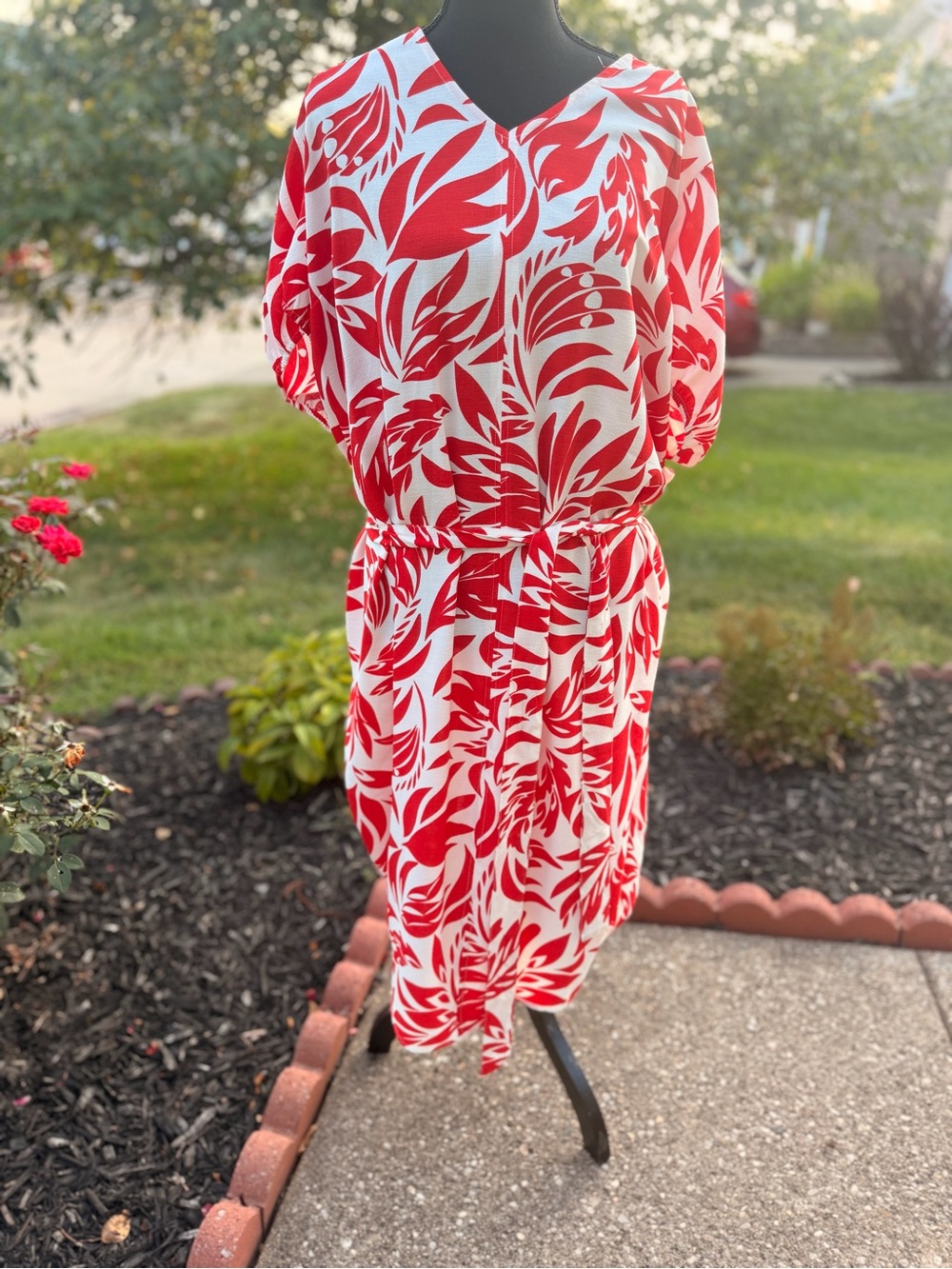 Red & White Printed V-Neck Women's Dress